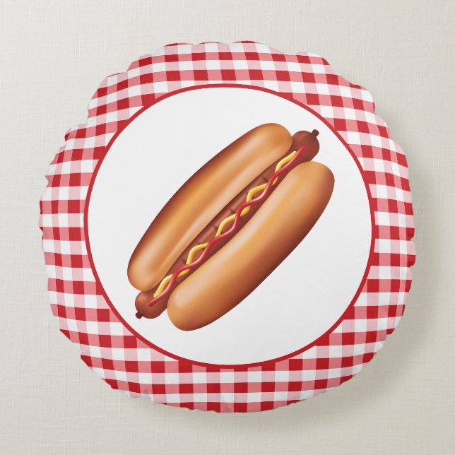 Hot Dog Fast Food illustratie op Red Gingham Rond Kussen (Voorkant)
