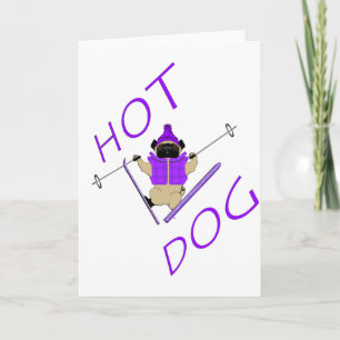 Hot Dog Funny Skiing Pug Paarse Jacket en Skis Feestdagen Kaart