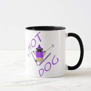 Hot Dog Funny Skiing Pug Paarse Jacket en Skis Mok