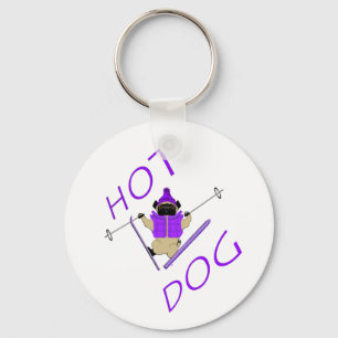 Hot Dog Funny Skiing Pug Paarse Jacket en Skis Sleutelhanger