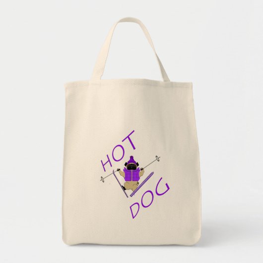 Hot Dog Funny Skiing Pug Paarse Jacket en Skis Tote Bag (Voorkant)