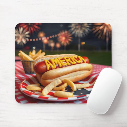 Hot Dog met Amerikaanse tekst en vuurwerk Muismat (Met muis)