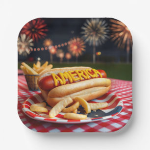 Hot Dog met Amerikaanse tekst en vuurwerk Papieren Bordje