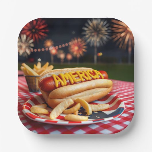 Hot Dog met Amerikaanse tekst en vuurwerk Papieren Bordje (Voorkant)