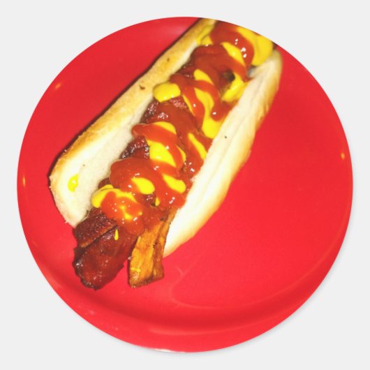 Hot Dog met Ketchup en Mustard Ronde Sticker (Voorkant)