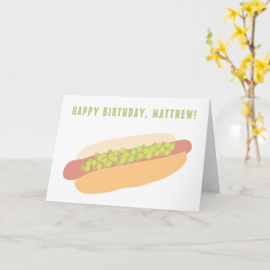 Hot Dog met Relish gepersonaliseerde verjaardag Kaart (Gele Bloem)