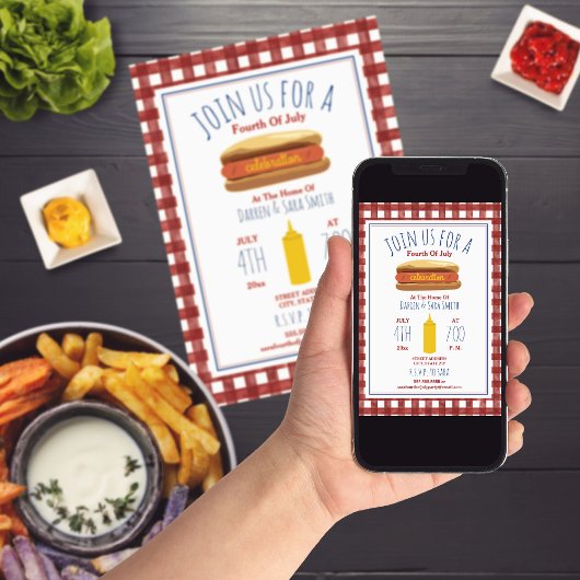 Hot Dog Mustard Red Gingham 4th of July Party Kaart