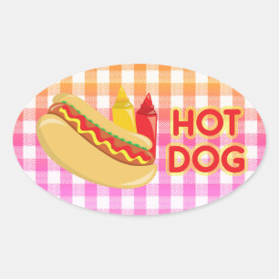 Hot Dog op Gingham picknick tafelkleed w / speceri Ovale Sticker