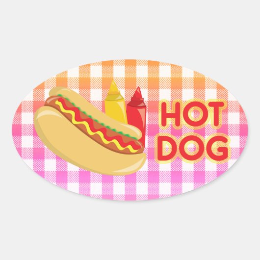 Hot Dog op Gingham picknick tafelkleed w / speceri Ovale Sticker (Voorkant)