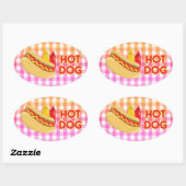 Hot Dog op Gingham picknick tafelkleed w / speceri Ovale Sticker (Vel)
