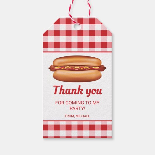 Hot Dog op Red Gingham Verjaardag Dank u Cadeaulabel (Voorkant)