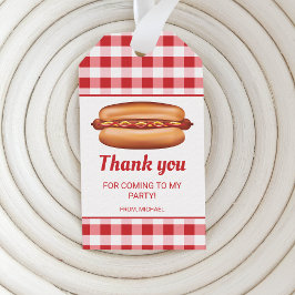 Hot Dog op Red Gingham Verjaardag Dank u Cadeaulabel