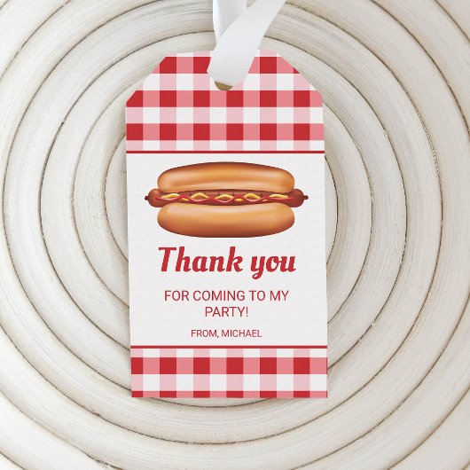 Hot Dog op Red Gingham Verjaardag Dank u Cadeaulabel