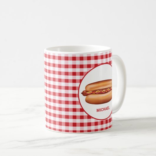 Hot dog op rode gingham met aangepaste tekst koffiemok (Voorkant rechts)