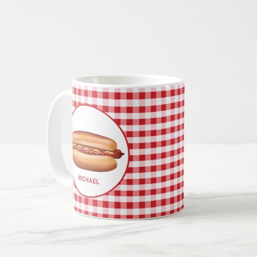 Hot dog op rode gingham met aangepaste tekst koffiemok (Voorkant links)