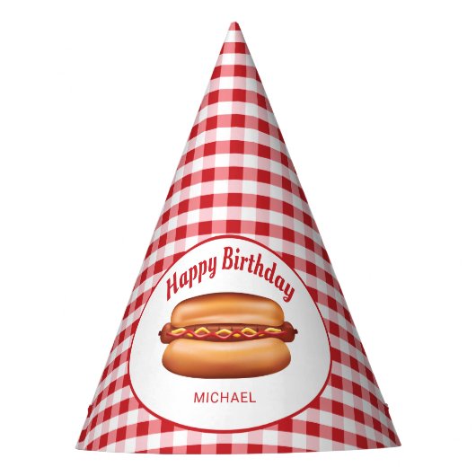 Hot Dog Op Rode Gingham Patroon Gelukkige Verjaard Feesthoedjes (Voorkant)