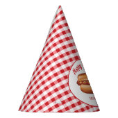 Hot Dog Op Rode Gingham Patroon Gelukkige Verjaard Feesthoedjes (Links)