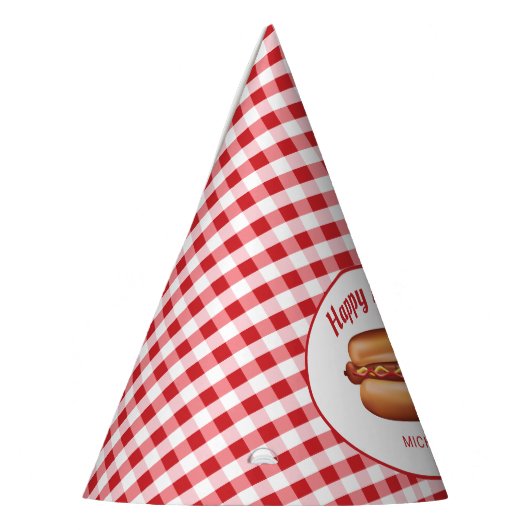 Hot Dog Op Rode Gingham Patroon Gelukkige Verjaard Feesthoedjes (Links)