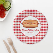 Hot Dog Op Rode Gingham Patroon Gelukkige Verjaard Papieren Bordje