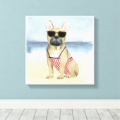 Hot Dog | Puppy in zonnebril bij het strand Canvas Afdruk (Insitu (Houten vloer))