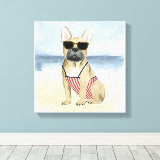 Hot Dog | Puppy in zonnebril bij het strand Canvas Afdruk (Insitu (Houten vloer))