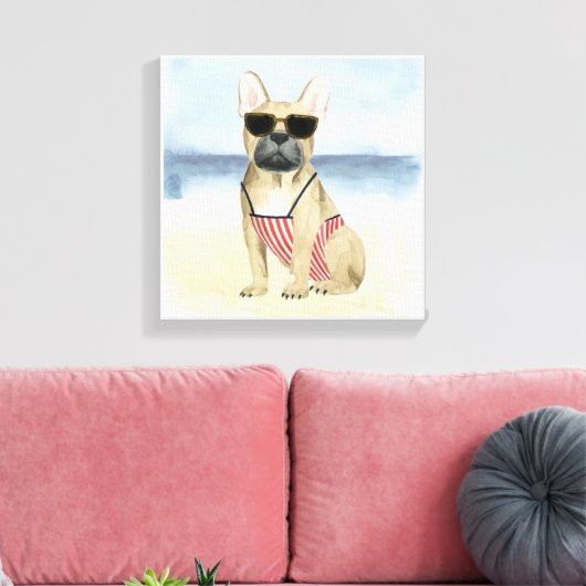 Hot Dog | Puppy in zonnebril bij het strand Canvas Afdruk (Insitu (Woonkamer))