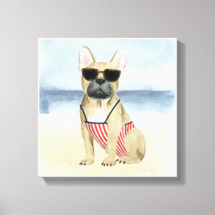 Hot Dog   Puppy in zonnebril bij het strand Canvas Afdruk