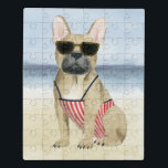 Hot Dog | Puppy in zonnebril bij het strand Puzzel<br><div class="desc">Deze waterverf print is voorzien van een puppy in een zonnebril die van het strand geniet | Door Grace Popp</div>