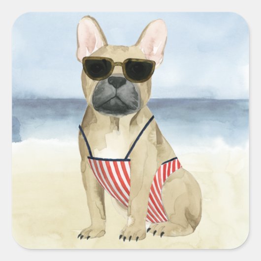 Hot Dog | Puppy in zonnebril bij het strand Vierkante Sticker (Voorkant)