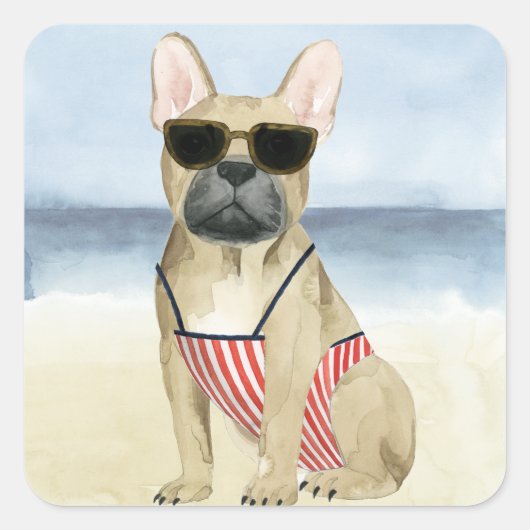 Hot Dog | Puppy in zonnebril bij het strand Vierkante Sticker (Voorkant)