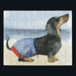Hot Dog | Puppy in zwembad Puzzel<br><div class="desc">Deze waterverf print is voorzien van een hond in zwembroek die van het strand geniet | Door Grace Popp. Afbeelding-ID: 122224D</div>
