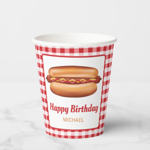 Hot Dog Snack op rode Gingham Gelukkige Verjaardag Papieren Bekers
