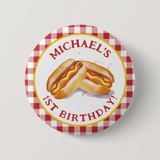 Hot Dog Verjaardag Party Button – Red Gingham Kind (Voorkant)