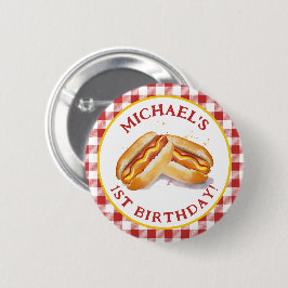Hot Dog Verjaardag Party Button – Red Gingham Kind