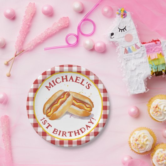 Hot Dog Verjaardagsfeestje Red Gingham Papieren Bordje (Feest)