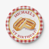 Hot Dog Verjaardagsfeestje Red Gingham Papieren Bordje (Voorkant)