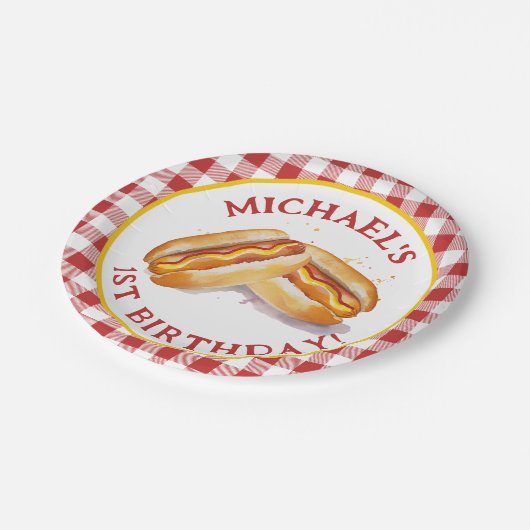 Hot Dog Verjaardagsfeestje Red Gingham Papieren Bordje (Gekanteld)