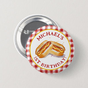 Hot Dog Verjaardagsfeestje Red Gingham Ronde Button 5,7 Cm