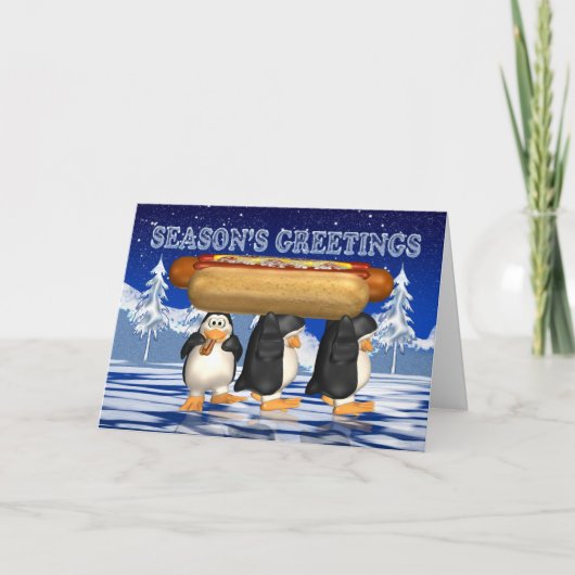 Hot Dogs, Uien, Bun, Kerst Kaart - Pinguïns (Voorkant)