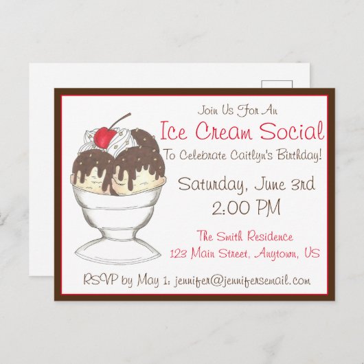 Hot Fudge Sundae Ijs Room Sociale Verjaardagsfeest Uitnodiging Briefkaart (Voorkant / Achterkant)