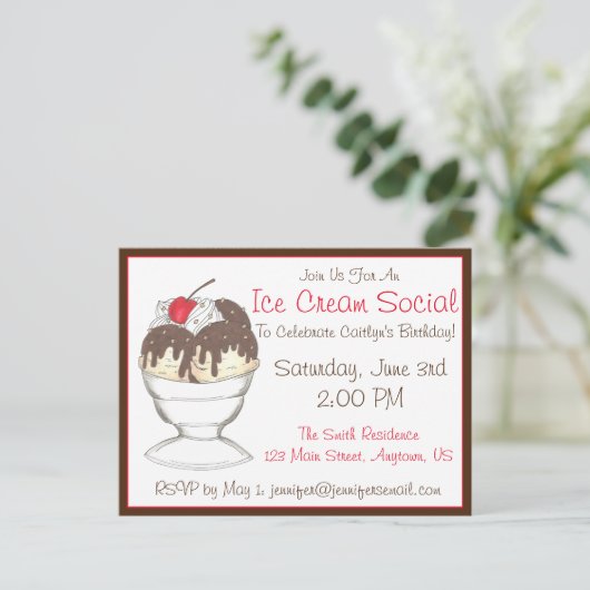 Hot Fudge Sundae Ijs Room Sociale Verjaardagsfeest Uitnodiging Briefkaart (Staand voorkant)