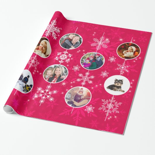 Hot-kerstroze familie foto's Snowflake design Cadeaupapier (Uitgerold)