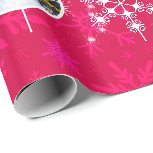Hot-kerstroze familie foto's Snowflake design Cadeaupapier (Rol Hoek)