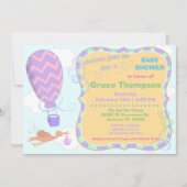 Hot-luchtballon en Stork met Baby shower uitnodige Kaart (Voorkant)