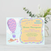 Hot-luchtballon en Stork met Baby shower uitnodige Kaart (Staand voorkant)