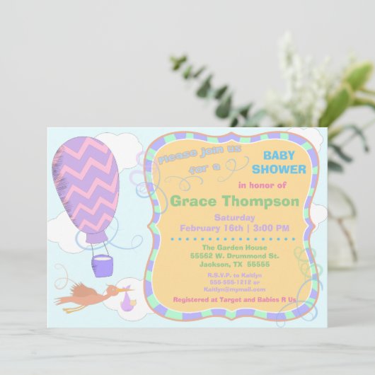 Hot-luchtballon en Stork met Baby shower uitnodige Kaart (Staand voorkant)