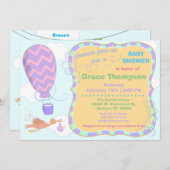 Hot-luchtballon en Stork met Baby shower uitnodige Kaart (Voorkant / Achterkant)