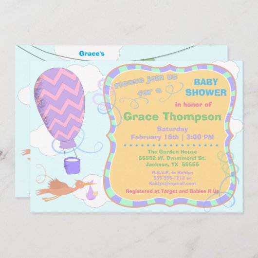 Hot-luchtballon en Stork met Baby shower uitnodige Kaart (Voorkant / Achterkant)