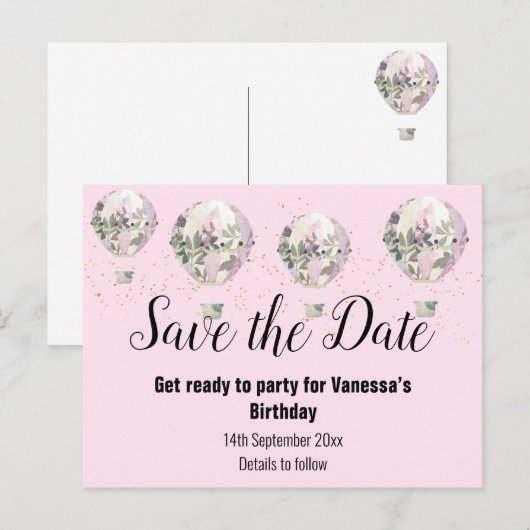 Hot-luchtballonroze Sla de datum op Aankondigingskaart (Voorkant / Achterkant)