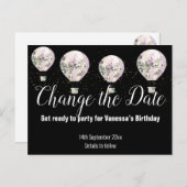 Hot-luchtballonroze Verander de datum zwart Aankondigingskaart (Voorkant / Achterkant)